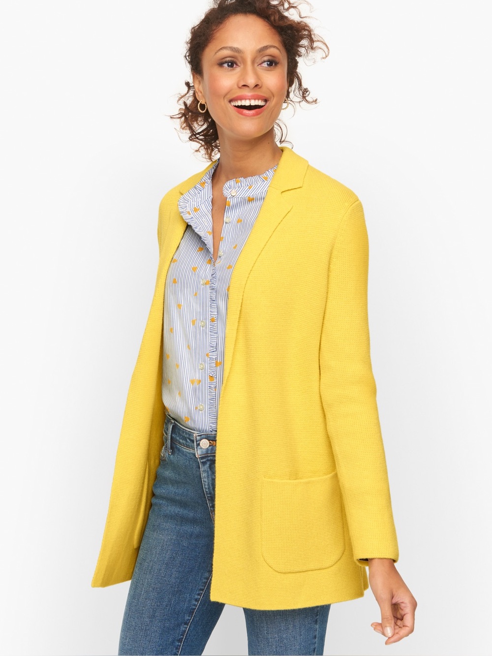 Talbots Milano Stitch Sweater Yellow Open-Front Knit Blazer